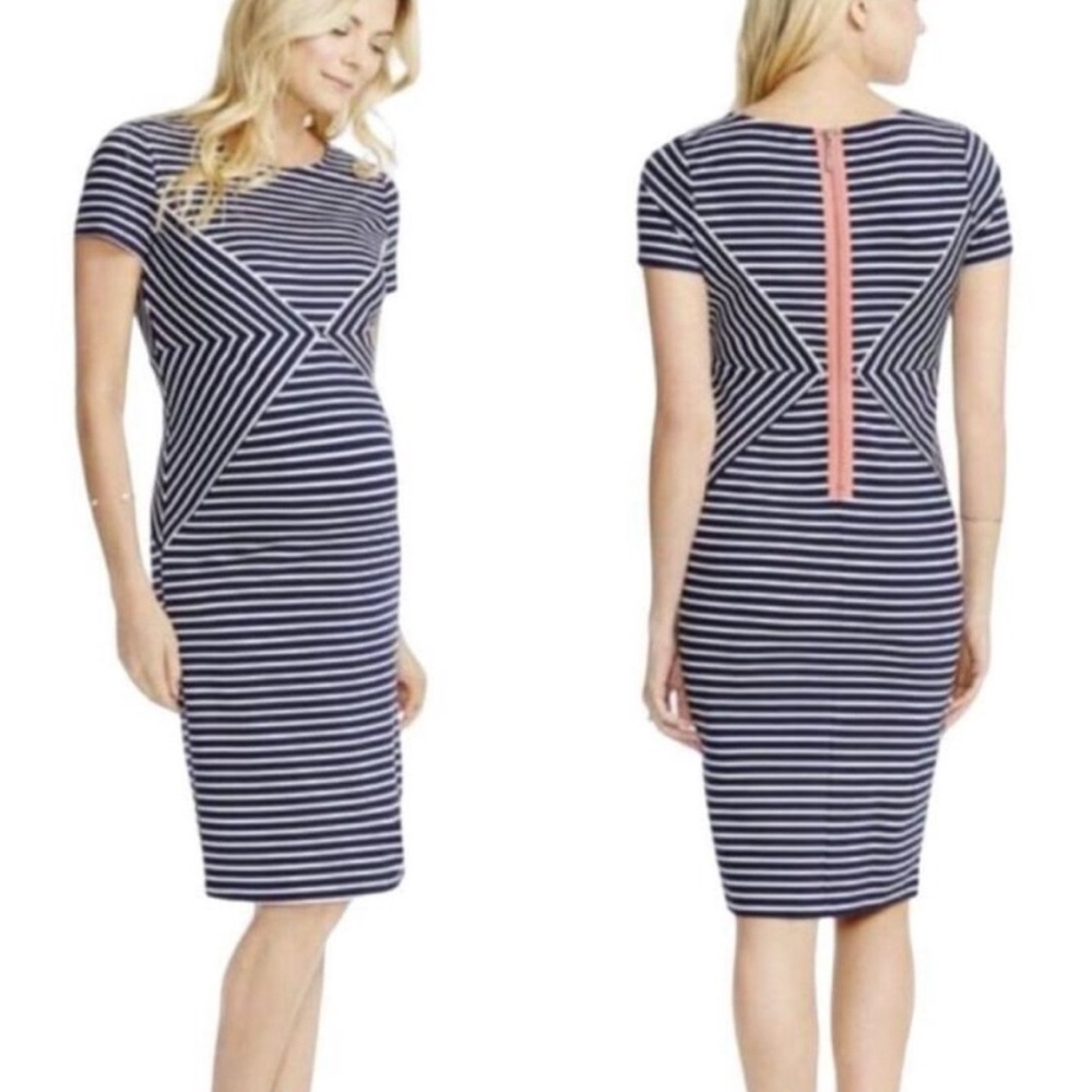 Jessica Simpson Maternity Navy Striped Zipper Dress Medium nautical office